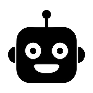 Op de afbeelding: Een zwart-wit grafisch icoon van een robotkop. Het ontwerp toont een vierkante kop met afgeronde hoeken, twee grote ronde ogen, een brede glimlachende mond, twee halfronde oren aan de zijkanten en een enkele antenne met een klein cirkeltje.