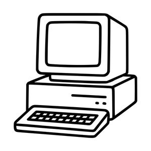 Könnte beinhalten: Eine schwarz-weiße Strichzeichnung eines Vintage-Desktop-Computers. Das Design zeigt einen kastenförmigen Monitor auf einer rechteckigen Systemeinheit, mit einer separaten Tastatur im Vordergrund, alles in einfachen Umrissen dargestellt.