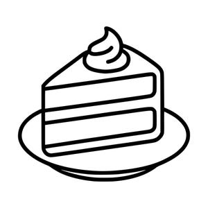 Könnte beinhalten: Eine schwarz-weiße Strichzeichnung eines einzelnen dreieckigen Kuchenstücks auf einem runden Teller. Der Kuchen besteht aus zwei Schichten und einer dekorativen Sahnehaube auf der Oberseite, dargestellt in einem einfachen, klaren Grafikstil.