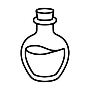 May include: A black and white line art illustration of a rounded glass bottle with a cork stopper. The bottle features a wide, bulbous base that tapers into a narrow neck, with a visible liquid level line drawn across the center of the container.