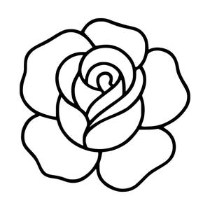 Puede incluir: Una ilustración de arte lineal en blanco y negro de una flor de rosa. El diseño presenta un capullo central en espiral rodeado por cinco pétalos redondeados y distintos con contornos gruesos y marcados sobre un fondo blanco liso.
