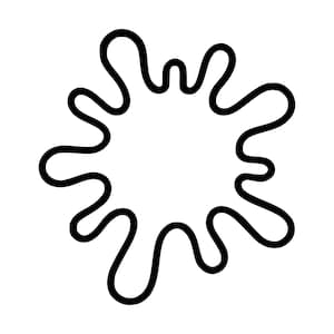 Op de afbeelding: Een zwart-witte grafische illustratie van een vloeistofspat of inktvlek. Het ontwerp bestaat uit een doorlopende dikke zwarte omlijning die een onregelmatig, organisch silhouet vormt met meerdere lobben en een effen wit centrum.