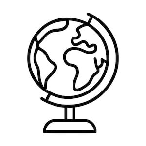 Puede incluir: Una ilustración de arte lineal en blanco y negro de un globo terráqueo sobre un soporte. El diseño presenta un contorno simplificado de los continentes sobre una superficie esférica, apoyado por un anillo meridiano curvo y una base sólida.