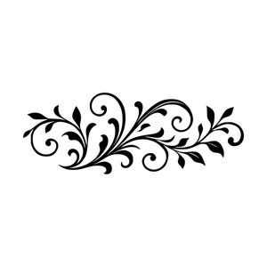 May include: A black graphic illustration featuring a symmetrical floral motif with swirling vines, curved stems, and pointed leaves. The design is centred and horizontally oriented, showcasing intricate scrollwork and organic shapes in solid black.