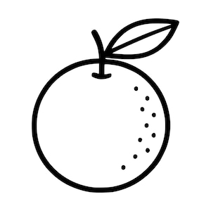 Puede incluir: Una ilustración de arte lineal en blanco y negro de una fruta redonda, probablemente una naranja, con una sola hoja unida a un tallo corto en la parte superior. El contorno circular de la fruta incluye una serie de puntos pequeños a la derecha.