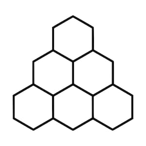 May include: A geometric graphic consisting of six connected black-outlined hexagons arranged in a pyramid formation. The design features one hexagon at the top, two in the middle row, and three at the base, all sharing common black edges.