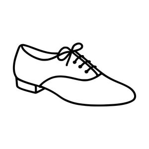 Könnte beinhalten: Eine schwarz-weiße Strichzeichnung eines flachen Oxford-Schuhs. Der Schuh verfügt über eine abgerundete Spitze, eine Schnürung mit einer gebundenen Schleife, einen ausgeprägten Absatz und eine klare Kontur, die die Form des Schuhs im Profil zeigt.