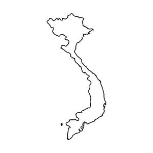 Op de afbeelding: Een zwarte omtrekkaart van Vietnam met de kenmerkende langgerekte vorm van het land. De afbeelding toont de noordelijke, centrale en zuidelijke regio's met een doorlopende lijntekening die de kustlijnen en landgrenzen nauwkeurig definieert.