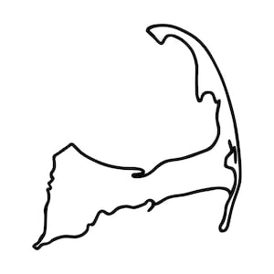 May include: A black line drawing depicting the geographical outline of Cape Cod, Massachusetts. The illustration features a single continuous stroke that traces the distinct hook-shaped peninsula, including the northern tip and the southern coastline.
