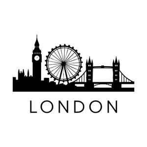 May include: A black silhouette graphic of the London skyline featuring Big Ben, the London Eye, and Tower Bridge. The word LONDON is printed in a clean, sans-serif font directly below the architectural landmarks on a plain white background.