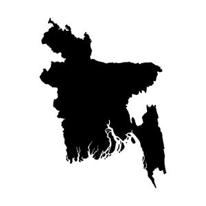 Peut inclure: Une silhouette noire unie représentant la carte du Bangladesh, mettant en évidence le littoral découpé et les régions du delta des rivières au sud, présentée sous forme de forme graphique plate et contrastée sur fond blanc.