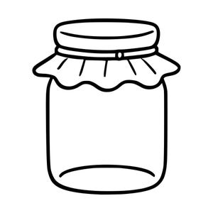 Peut inclure: Une illustration en noir et blanc au trait d'un bocal en verre avec un couvercle. Le bocal présente une housse en tissu décorative fixée par une bande autour du goulot, créant un aspect froncé. Le design est simple, net et souligné en noir.