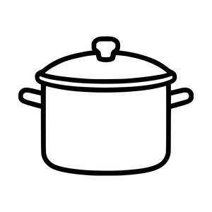 May include: A black and white line art illustration of a cooking pot with a lid. The pot features a cylindrical body, two side handles, and a central knob on the lid. The design uses bold, clean outlines to define the shape of the kitchen cookware.