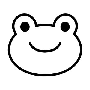 May include: A black and white line art illustration of a frog face. The design features a rounded head shape with two prominent circular eyes positioned at the top and a simple curved line representing a smiling mouth in the center of the face.