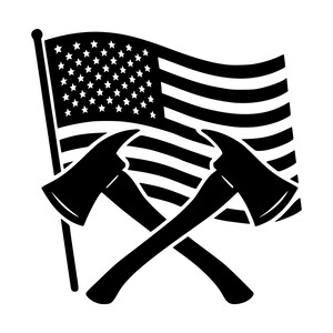 May include: A black and white graphic illustration featuring a waving American flag on a flagpole positioned behind two crossed firefighter axes. The design uses high-contrast solid black shapes against a plain white background.