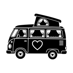 May include: A black and white graphic illustration of a camper van with a pop-up roof. The van features curtains in the windows, a large heart shape on the side panel, and smaller heart shapes centred within each of the two circular wheels.