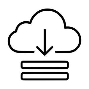May include: A black line art icon featuring a cloud shape with a downward-pointing arrow centered inside it, positioned above two horizontal rectangular bars with rounded corners, all set against a plain white background.