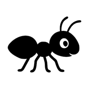 Könnte beinhalten: Eine schwarze Silhouettengrafik einer Ameise mit einem abgerundeten Kopf mit zwei Fühlern, einem kreisförmigen Mittelteil und einem größeren ovalen Hinterleib. Die Ameise hat ein einzelnes weißes Auge mit schwarzer Pupille und wirkt schlicht.