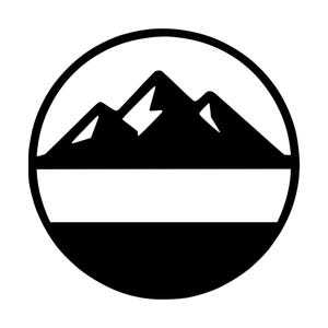 May include: A circular black and white graphic icon featuring a stylized mountain range silhouette positioned above a horizontal white band, which sits atop a solid black base, all enclosed within a thick black circular border.