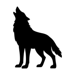 Peut inclure: Une silhouette graphique noire unie représentant un loup debout de profil, la tête inclinée vers le haut comme s'il hurlait. Le design présente des bords dentelés nets au niveau du cou et de la queue, montrant un pelage épais et des oreilles pointues.