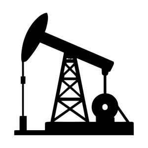 May include: A black silhouette graphic of an oil pump jack featuring a central derrick structure, a long walking beam with a counterweight, and a circular crank mechanism mounted on a flat base, presented as a solid icon on a plain white background.