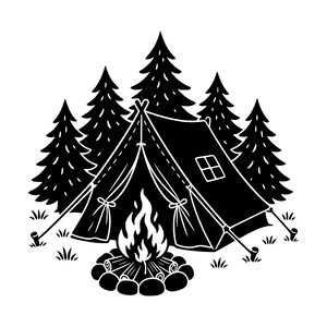 May include: A black and white graphic illustration featuring a tent pitched in front of a cluster of pine trees. A campfire with flames and logs arranged in a circular stone fire pit is positioned in the foreground, set against a white background.
