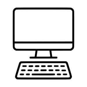 Könnte beinhalten: Ein schwarz-weißes Strichgrafik-Symbol eines Desktop-Computers, bestehend aus einem rechteckigen Monitor mit dickem Rahmen, einem zentralen Standfuß und einer separaten rechteckigen Tastatur, die direkt unter dem Bildschirm platziert ist.