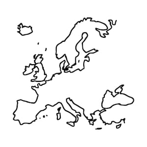 Könnte beinhalten: Eine schwarz-weiße Strichzeichnung des europäischen Kontinents. Die Abbildung zeigt einen vereinfachten Umriss der Landmasse, einschließlich der britischen Inseln, Skandinaviens und der Mittelmeerregion, in einem klaren, minimalistischen Stil.