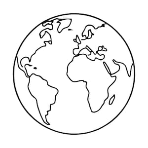May include: A black and white line drawing of the planet Earth, featuring a simplified outline of the continents including North and South America, Africa, and Europe, enclosed within a circular border on a plain white background.