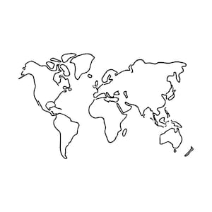 Puede incluir: Un dibujo de líneas en blanco y negro de un mapa mundial. La ilustración presenta un contorno continuo y simplificado de los continentes, incluyendo América del Norte, América del Sur, Europa, África, Asia y Australia, en un estilo minimalista.