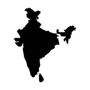 Puede incluir: Una silueta negra sólida que representa el mapa geográfico de la India, incluyendo la nación insular de Sri Lanka situada justo frente a la costa sur. La forma presenta bordes nítidos y definidos sobre un fondo blanco completamente liso.