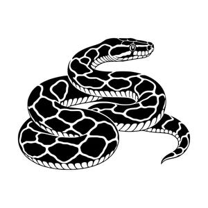 Könnte beinhalten: Eine schwarz-weiße grafische Illustration einer zusammengerollten Schlange. Die Schlange zeigt ein kontrastreiches Muster aus dunklen, unregelmäßigen, abgerundeten Formen mit weißen Umrandungen und einem detaillierten Kopf, der nach rechts blickt.