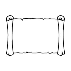 May include: A black and white line drawing of a horizontal scroll with rolled ends. The central rectangular area is blank, framed by two vertical cylindrical rolls on the left and right sides, featuring simple, clean outlines and a flat design.