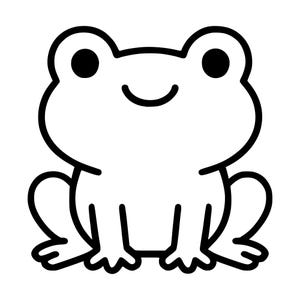 May include: A simple black and white line drawing of a frog. The illustration features a symmetrical frog with large circular eyes, a curved line for a mouth, and a rounded body shape. The design uses thick black outlines on a white background.