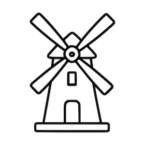 Puede incluir: Un icono de arte lineal en blanco y negro de un molino de viento. La estructura presenta un techo triangular, un eje central con cuatro aspas rectangulares largas, una pequeña ventana rectangular y una puerta arqueada en la base.