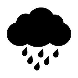 May include: A solid black graphic icon depicting a stylised cloud with five distinct raindrops falling from the bottom edge. The design features a rounded, puffy cloud shape with a smooth outline and simple, uniform black teardrop shapes.