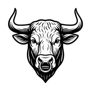 Könnte beinhalten: Eine schwarz-weiße grafische Illustration eines Stierkopfes in Frontalansicht. Der Stier zeigt markante, geschwungene Hörner, detaillierte Fellstrukturen im Gesicht und einen kreisförmigen Nasenring. Das Design verwendet kräftige Linien.