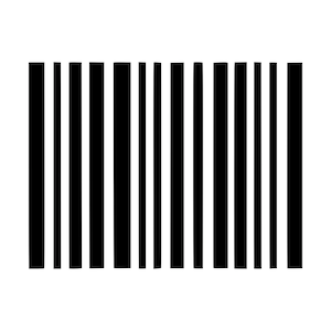 Op de afbeelding: Een zwart-witte streepjescode-afbeelding bestaande uit een reeks verticale lijnen van variërende breedtes, gerangschikt in een rechthoekig patroon. Het ontwerp bevat zwarte balken met een hoog contrast tegen een effen witte achtergrond.
