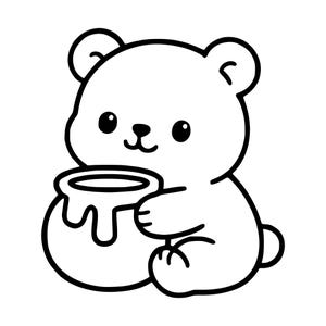 Pode incluir: Uma ilustração de arte linear em preto e branco de um pequeno urso com orelhas arredondadas e um rosto sorridente. O urso está sentado e segura um pote redondo com uma borda larga, apresentando um design de líquido escorrendo.