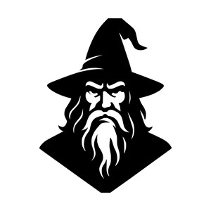 Peut inclure: Une illustration graphique en noir et blanc représentant un magicien portant un chapeau pointu. Le personnage présente une longue barbe, des cheveux longs et une expression faciale sévère, sous forme de silhouette à fort contraste.