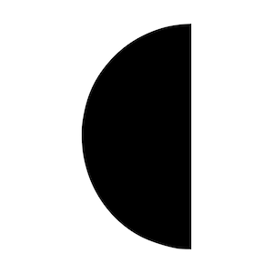 May include: A solid black graphic shape in the form of a semicircle. The object features a straight vertical edge on the right side and a smooth, curved edge on the left side, creating a simple geometric half-circle silhouette against a white field.