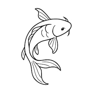 Op de afbeelding: Een zwart-wit lijntekening van een koikarper in een gebogen zwemhouding. De tekening bevat strakke, dikke lijnen die het lichaam, de vinnen, de staart en de baarddraden van de vis definiëren tegen een effen witte achtergrond.