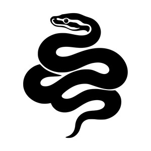 May include: A high-contrast black and white graphic illustration of a coiled snake. The design features a solid black silhouette of a serpent with a white eye and white facial markings, depicted in a winding, S-shaped posture.