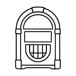 Peut inclure: Une illustration en noir et blanc au trait représentant un juke-box classique. Le design présente une arche supérieure arrondie, une zone d'affichage rectangulaire au centre et une section inférieure avec une grille dans un cadre semi-circulaire.