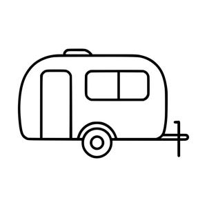 Puede incluir: Un dibujo de líneas en blanco y negro de una caravana. El vehículo presenta una carrocería rectangular redondeada, una puerta única en el lado izquierdo, una ventana rectangular a la derecha, una rueda circular centrada y un enganche.