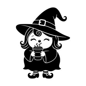 Pode incluir: Uma ilustração gráfica em preto e branco de um personagem usando um chapéu de bruxa pontudo com fivela, segurando uma xícara fumegante. O personagem tem cabelo ondulado, olhos fechados e veste um vestido com sapatos de fivela em estilo plano.