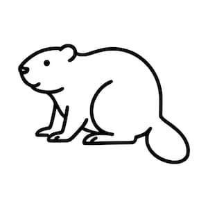 May include: A black and white line art illustration of a beaver shown in profile. The graphic features a simple, bold outline of the animal with a rounded body, a small ear, a dot for an eye, and a wide, flat tail extending from the rear.