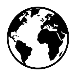 May include: A circular graphic icon featuring a black and white silhouette of the Earth. The design displays the continents of North and South America, Europe, Africa, and parts of Asia in solid black against a white background, enclosed by a thick black circular border.