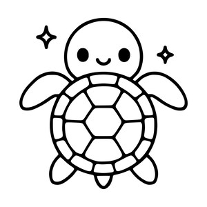 Puede incluir: Una ilustración de arte lineal en blanco y negro de una tortuga marina con cabeza redondeada, cara sonriente y dos ojos negros. La tortuga tiene un caparazón con segmentos hexagonales, cuatro aletas y dos iconos de estrellas de cuatro puntas.
