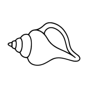May include: A black and white line art illustration of a spiral seashell. The drawing features a pointed, segmented spire on the left side that transitions into a smooth, curved body with a wide, open aperture on the right side, rendered in bold lines.